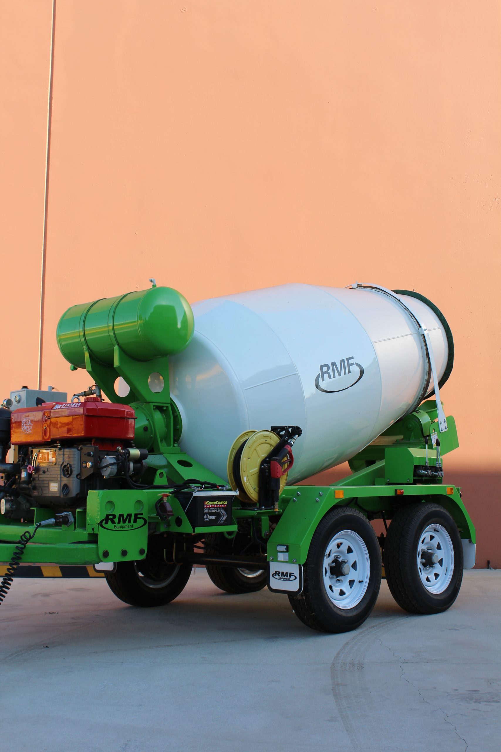 Green RMF cement mixer trailer with rear discharge chute